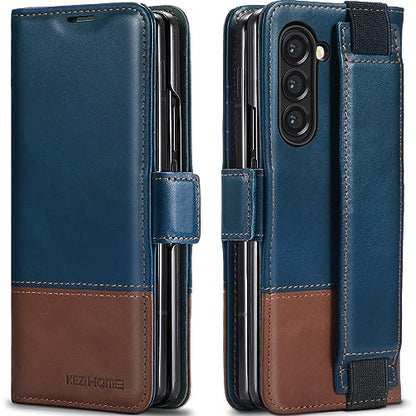 KEZiHOME Genuine Leather Wallet Case for Samsung Galaxy Z Fold 6 - color: Royal Blue Brown, size: Galaxy Z Fold 6 Case