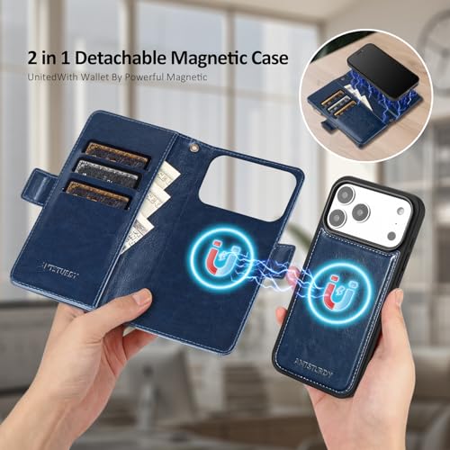 Antsturdy Compatible with MagSafe iPhone 17 Pro Max Wallet Case,Dark Blue | Detachable Magnetic Credit Card Holder,RFID Blocking,PU Leather Zipper Purse,Wrist Strap Kickstand,Flip Phone Cover for Women - color: (Detachable with Magsafe)-Dark Blue