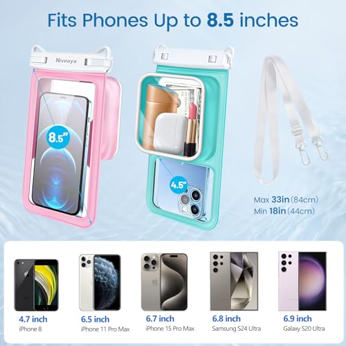 Niveaya [Floatable Floating Waterproof Phone Pouch 2 Pack-Up to 8.5", Large Space Adjustable Neck Lanyard Waterproof Phone Case, Phone Dry Bags for Vacation Beach Pool Kayak Cruise Travel Essentials - color: Green + Pink