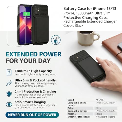 Battery Case for iPhone 13/13Pro/14, 13800 mAh Ultra-Thin Protective Charging case, Portable Rechargeable Expandable Battery Charger, Compatible with iPhone 13/13Pro/14 (6.1 inches), Black