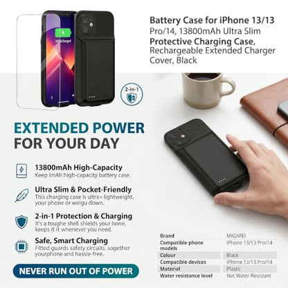 Battery Case for iPhone 13/13Pro/14, 13800 mAh Ultra-Thin Protective Charging case, Portable Rechargeable Expandable Battery Charger, Compatible with iPhone 13/13Pro/14 (6.1 inches), Black