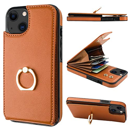 Folosu Compatible with iPhone 14 Case Wallet with Card Holder, 360°Rotation Finger Ring Holder Kickstand, RFID Blocking Leather Protective Double Buttons Shockproof Cover 6.1 Inch Brown - color: Brown, size: iPhone 14