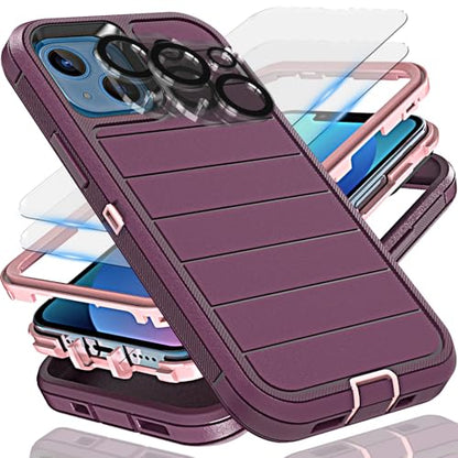 YmhxcY for iPhone 13 Case, 2X Glass Screen and Camera Protector, 3 in 1 Heavy Duty Shockproof Drop Protection Stripe Rubber Cover for 13 6.1"-Wine/Pink - color: Wine/Pink