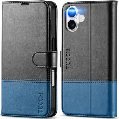 TUCCH Case Wallet for iPhone 16 (6.1"), RFID Blocking, Black & Light Blue | 4 Card Holders, Kickstand, PU Leather, Magnetic Closure, Shockproof TPU Shell, Protective Flip Cover - color: Two-tone Black & Light Blue