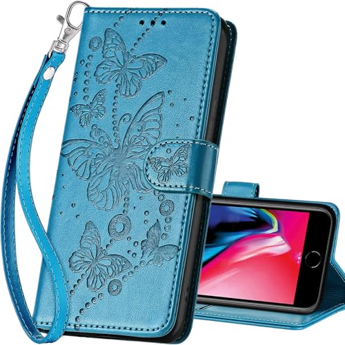 for iPhone SE 2022/7/8/SE 2020 Wallet case, Blue-Butterfly | 3 Card Holders, Kickstand, Shockproof TPU Shell, PU Leather, Magnetic Closure, Protective Flip Folio Cover, Women - color: 8