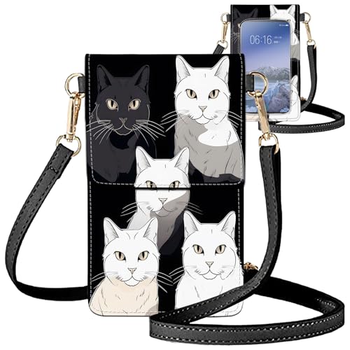 for Women Cell Phone Purse,with Touchscreen Cell Phone Purse,PU Leather Shoulder Bag Waterproof Phone Wallet Case with Clear Touch Screen Window up to 6.7 inch Smartphone, - color: Black White Cute Cats-203