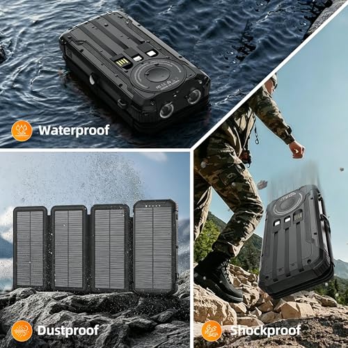 Solar Charger Power Bank Built-in 3 Cables and 4 Solar Panels, Portable Wireless Charger 10,000mAh, External Battery Pack with USB-C in/Output & Flashlight for Outdoor Camping - color: Black