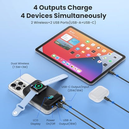 Magnetic Portable Charger for iPhone and Apple Watch, 10800mAh 25W PD Fast Charging USB C Power Bank, 4 Outputs Dual-Side Magnet Travel Essentials Battery Pack for iPhone 18/17/16/15/14/13/12 Series - color: Black