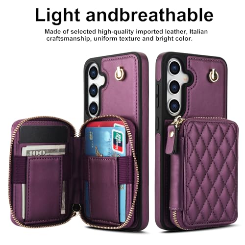 Phone Case for Samsung Galaxy S25 5G Wallet Cell Cover with Tempered Glass Screen Protector Wrist Crossbody Strap RFID Blocking Credit Card Holder Slot S 25 25S 25 25S SM-S931U Women Girls Dark Purple - color: Dark Purple