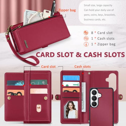 for Samsumg Galaxy S26 Plus Wallet Case, Detachable Magnetic Phone Case,Faux Leather Strap Wallet,with RFID Blocking,Zipper Card Holder,Shoulder Straps (Red) - color: Red, size: Samsumg Galaxy S26 Plus