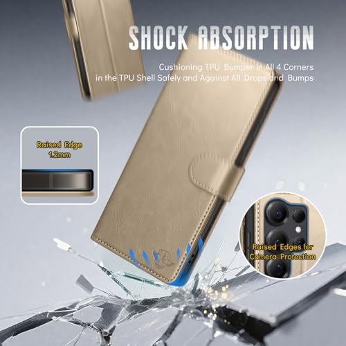 Wallet Case for Samsung Galaxy S25 Ultra, Golden | RFID-Blocking Card Holder, Kickstand, Magnetic Closure, PU Leather Folio Flip Cover, Protective Women Men Cases - color: Golden, size: Samsung Galaxy S25 Ultra