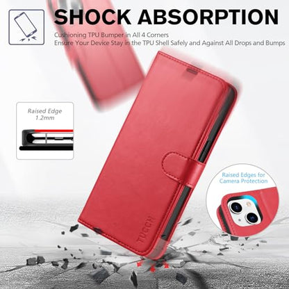 TUCCH Wallet Case for iPhone 14 (6.1") 2022, 4 Card Holders, Red | RFID Blocking, Viewing Stand, Shockproof TPU Shell, PU Leather, Magnetic Closure, Protective Folio Flip Cover - color: Red