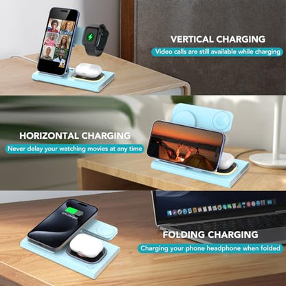 3 in 1 Foldable Charging Station for Apple Wireless Charger - color: Blue