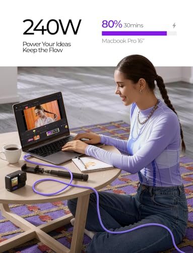 LISEN 10FT USB C Cable Fast Charging, Chubby 240W Cable USB C to USB C Fast Charging Soft Silicone USBC to USBC Parallel Cable for iPhone 17 Pro Max 16 15 Samsung S25 Ultra MacBook Pro Air iPad Purple - color: Purple, size: 10FT