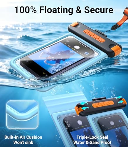 IP68 Bluetooth Shutter Waterproof Phone Pouch Case,Floating,Blue | Hands-Free Photo & Video Underwater Control.Large Waterproof Phone Case Universal Fit for 8.5" Phone(iPhone Samsung Google)