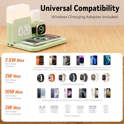 7 in 1 Wireless Charging Station, 25W Charger with Alarm Clock Night Light - color: Green