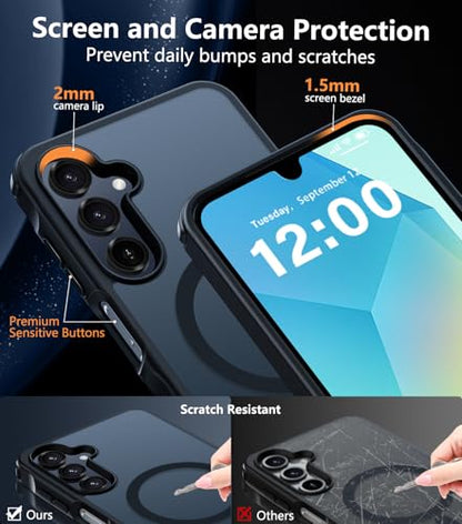 for Samsung Galaxy A16 5G Case with 2X Screen Protector, Magnetic Military Grade Shockproof Case Translucent Back Slim Rugged Bumper Cover for Galaxy A16 5G Phone Case-6.7 inch, Black - color: Black