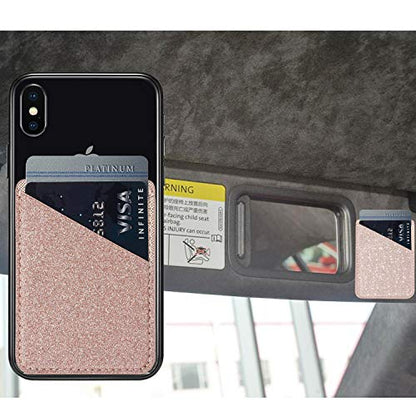 Glitter PU Leather Phone Card Holder Stick On Back of Phone Wallet - color: RoseGold
