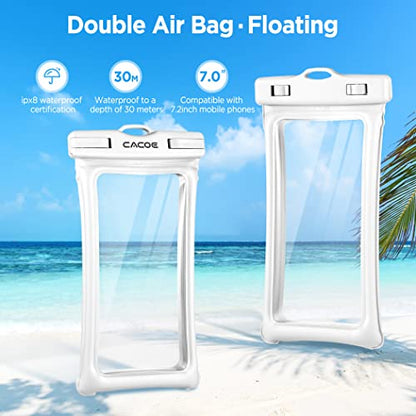 CACOE Floatable Waterproof Phone Pouch 2 Pack Up to 7.0",Black+White | Floatable, IPX8 Waterproof Phone Case,Adjustable Lanyard,Dry Bags for Beach/Cruise/Travel/Camping/Kayak/Vacation Essentials - color: Black+White