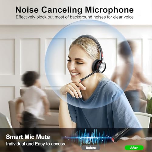 Bluetooth Headset with Microphone Noise Cacenling, Mono Wireless Headset with Mic & Mute Button, 40 Hrs Working Time, Bluetooth Office PC Headset for Call Center Work Laptop Teams Meeting