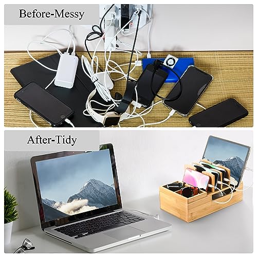 Fasmov Bamboo Charging Station, Charging Stand for Multiple Devices, Electronic Device Desktop Dock Stations Organizer, Cell Phone Docking Stations for Multi Laptop, Tablets, IPads, Watch, Earbuds