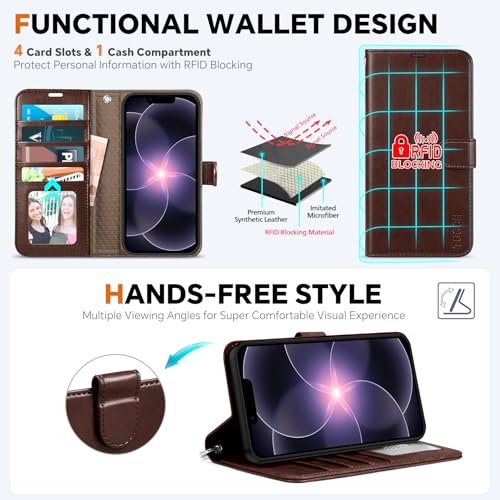 TUCCH Detachable Case Wallet for iPhone 17e/16e 6.1", Chocolate Brown | 4 Card Slots, RFID Blocking, Wireless Charging, Viewing Stand, Wrist Strap, PU Leather, Shockproof TPU, Magnetic, Flip Cover - color: Chocolate Brown