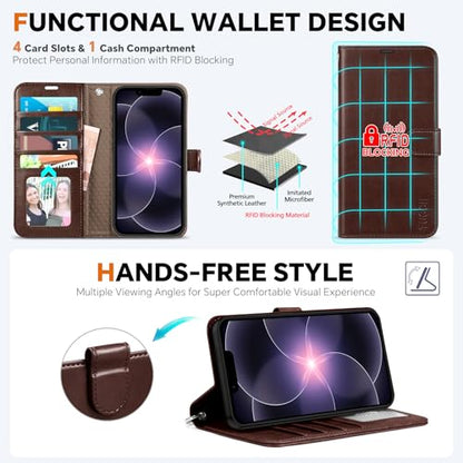 TUCCH Detachable Case Wallet for iPhone 17e/16e 6.1", Chocolate Brown | 4 Card Slots, RFID Blocking, Wireless Charging, Viewing Stand, Wrist Strap, PU Leather, Shockproof TPU, Magnetic, Flip Cover - color: Chocolate Brown