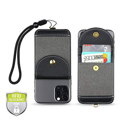 Cell Phone Wallet for Back of Phone with Wrist Strap, Stick On Wallet Credit Card ID Holder with RFID Protection Compatible with iPhone, Galaxy & Most Smartphones and Cases - color: Charcoal Gray
