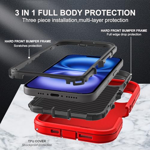 YKHJKLEC for iPhone 16 Case, Military Grade 3 in 1 Heavy Duty Shockproof/Drop Proof/Dust Proof Case with 2Pcs Tempered Glass Screen Protector (Red/Black) - color: Red/Black