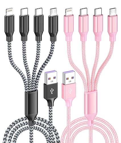 4 in 1 Multi Charging Cable 4ft 2 Pack,Braided MFi Certified Charger Cable - color: BlackGrey/Rose-4ft-2Pack