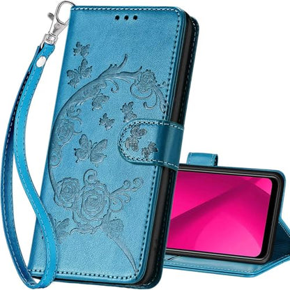 for T-Mobile Revvl 7 5G Wallet case, Blue-Flower | 3 Card Holders, Kickstand, Shockproof TPU Shell, PU Leather, Magnetic Closure, Protective Flip Folio Cover, Women - color: 7