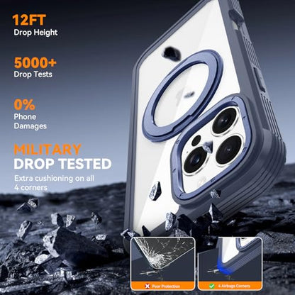 Upgraded 360° Spin Magnetic Invisible Ring Stand Case for iPhone 16 Pro Max 6.9",Compatible with MagSafe, Full Body Rugged Case with Built-in Screen Protector & Kickstand & Belt-Clip (Blue) - color: Blue