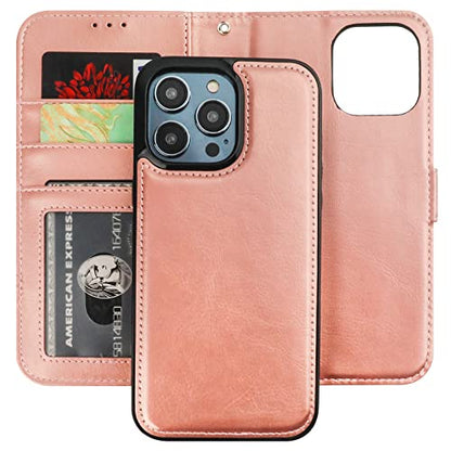 Bocasal Detachable Wallet Case Card Holder for iPhone 14 Pro Max Rose Gold | RFID Blocking Kickstand Card Slots Holder PU Leather Magnetic Shockproof Wrist Strap Removable Flip Protective Cover 6.7 inch - color: Rose Gold