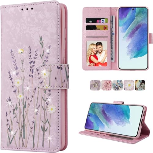 UEEBAI Wallet Case for Samsung Galaxy A35 5G, PU Leather Phone Case Kickstand RFID Blocking Flip Case Card Slots Wrist Strap Relief Engraved Pattern Magnetic Closure Folio Case - Pansy - color: Pansy