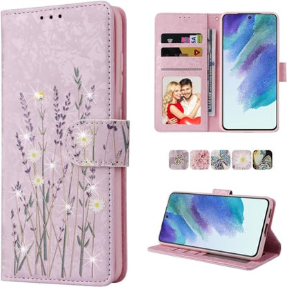 UEEBAI Wallet Case for Samsung Galaxy A35 5G, PU Leather Phone Case Kickstand RFID Blocking Flip Case Card Slots Wrist Strap Relief Engraved Pattern Magnetic Closure Folio Case - Pansy - color: Pansy