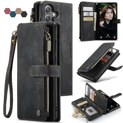 Samsung Galaxy S24 FE 5G Wallet Case with Card Holder Kickstand Magnetic Zipper Pocket Lanyard Strap Wristlet,Leather Flip Case Wallet for Samsung Galaxy S24 FE 6.7 Inch(Black) - color: Black, size: S24 FE 5G 6.7 Inch