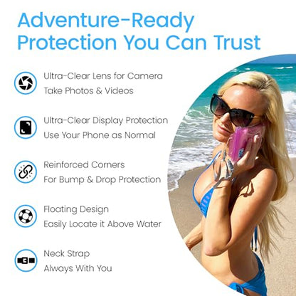 AquaVault Floating Waterproof Phone Pouch Case Universal for iPhone Android | Pink. Floats and keeps phones and cash dry. Heavy-duty PVC, drop protection, adjustable neck strap. Fits any phone size. - color: Pink