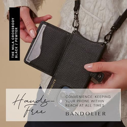 Bandolier Mila Leather Crossbody MagSafe Case iPhone 16 Pro Max - Black/P | Crossbody leather phone case. Built-in card-holder. Adjustable & removable strap. MagSafe Design. Phone drop protection. - color: Black/Pewter, size: iPhone 16 Pro Max