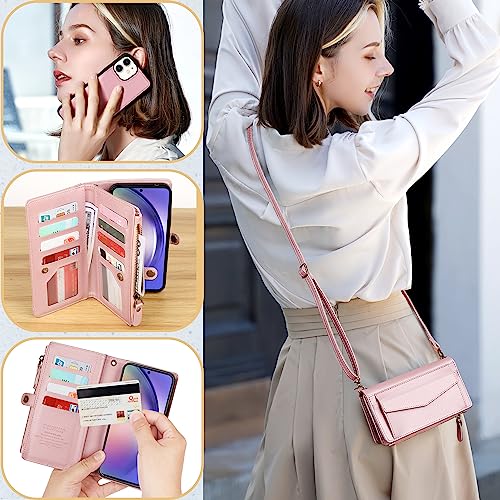 for iPhone 11 Wallet Case for Women, Support Wireless Charging with RFID Blocking Card Holder, Leather Zipper Detachable Magnetic Phone Case with Crossbody Strap Lanyard, Pink