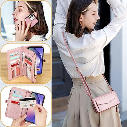 for iPhone 11 Wallet Case for Women, Support Wireless Charging with RFID Blocking Card Holder, Leather Zipper Detachable Magnetic Phone Case with Crossbody Strap Lanyard, Pink
