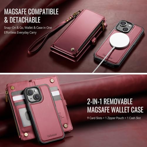 Defencase for iPhone 14 Plus Case Wallet Compatible with Magsafe, Wine Red | Drop-Proof Magnetic Detachable Phone Cases Cover, with RFID Bolcking Card Holder, Zipper Strap, PU Leather, Removable Wallet - color: (Detachable with Magsafe)-Wine Red