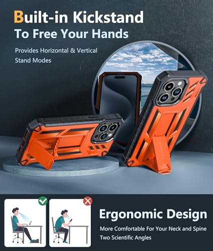 FNTCASE for iPhone 15 Pro Max Case, Built-in Screen Protector, Kickstand | Military-Grade Drop Protection, Anti-Slip Matte Textured, Rugged Heavy Duty Shockproof TPU Protective Cover - color: Orange