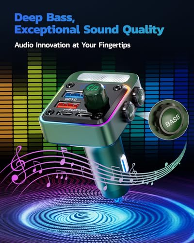 Nulaxy 54W Bluetooth 5.3 Car Adapter, FM Transmitter 4-Port Fast Charging - color: Green