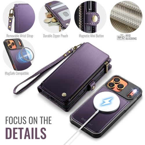 Defencase for iPhone 17 Pro Max Case Wallet Compatible with Magsafe, Purple | Drop-Proof Magnetic Detachable Phone Cases Cover, with RFID Bolcking Card Holder, Zipper Strap, PU Leather, Removable Wallet - color: (Detachable with Magsafe)-Purple