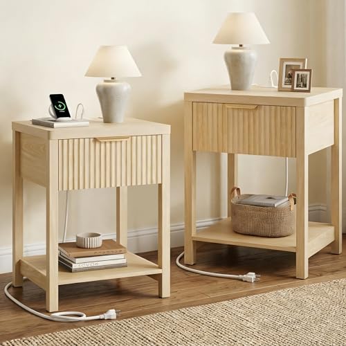 Night Stand Set 2, Fluted Wood Nightstands w/Charging Station for Bedroom - color: Natural Oak, size: 1 Drawer-Set of 2 Nightstand