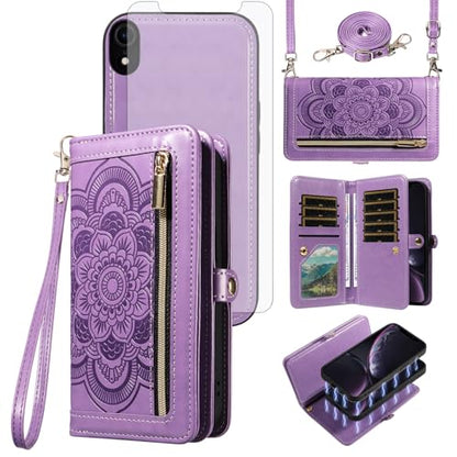 Asuwish Phone Case for iPhone XR 6.1 Zipper Wallet Cell Cover with Tempered Glass Screen Protector Strap Flower Credit Card Holder iPhoneXR iPhone10R i Phonex 10XR 10R RX CR iPhoneXRcases Women Purple - color: Purple