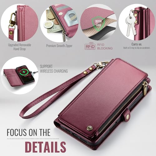 Defencase for iPhone 14 Pro Max Wallet Case with RFID Card Holder, Wine Red | Durable Soft PU Leather, with Zipper Pocket, Wrist Strap, Fashion Snap Flip Phone Cases Cover with Stand for Women and Men - color: Wine Red