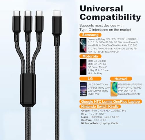 6ft USB C Multi Charging Cable - USB C Splitter 1 in 3 Out Fast Charging Cord, 3 in 1 Multi usb-c Charger Cable Compatible for iPhone 16/15/17/iPad/Samsung Galaxy/Google Pixel/Motorola/Phones/Tablets