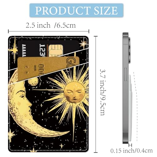 CREATCABIN Sun Phone Card Holder Leather Cell Phone Wallet Stick on Adhesive Credit Card Holder Slim Double Pocket Sticker for Back of Phone Case Compatible with Most Phones 3.7 x 2.5 Inch - style: Sun