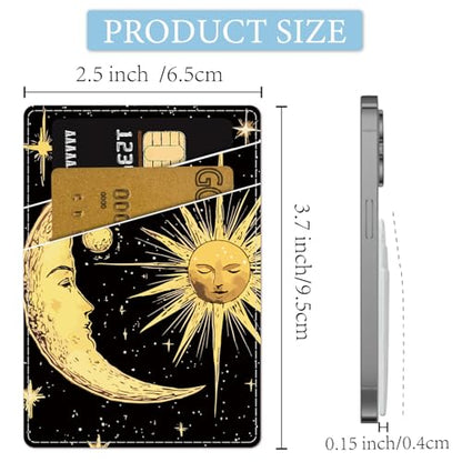 CREATCABIN Sun Phone Card Holder Leather Cell Phone Wallet Stick on Adhesive Credit Card Holder Slim Double Pocket Sticker for Back of Phone Case Compatible with Most Phones 3.7 x 2.5 Inch - style: Sun